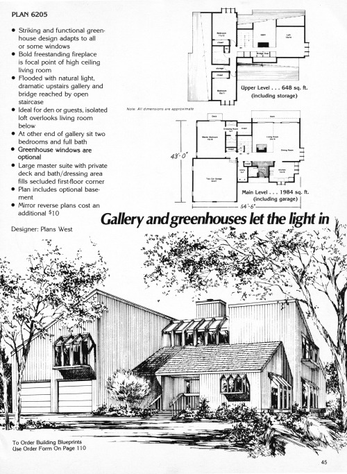 vintagehomeplans:United States, 1979: Plan 6205A large house with striking greenhouse windows.Hudson