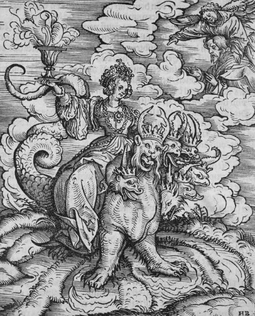 Hans Burgkmair the Elder, The Whore of Babylon and the seven-headed beast, with St. John and the ang