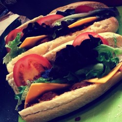secretsocietyofvegans:  Sexy as hell! #vegan baguette sandwich with @fieldroast chipotle sausages, mayo, VioLife Cheddar cheese, lettuce, tomatoes. £4.00 (at Vx) 