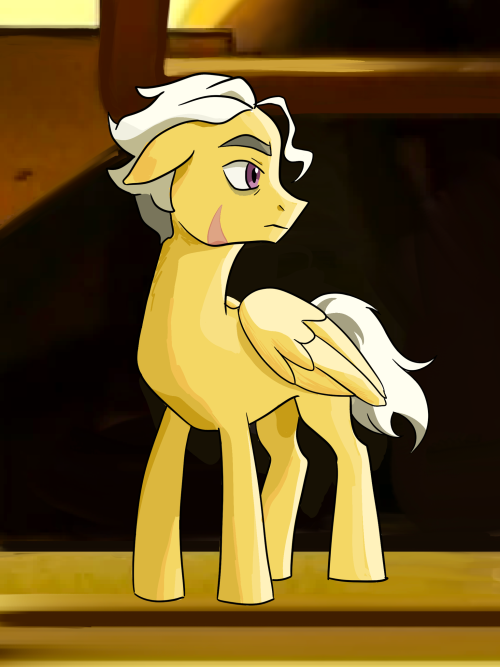 Hunter under his armor. He looks concerned and has eye bags. The scar on his cheek is visible. His eyes are magenta, his hair white and crumpled, and his coat a light yellow.