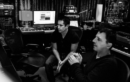 Trent Reznor and Atticus Ross recording and mixing the Gone Girl film score, Los Angeles, 2014. Phot