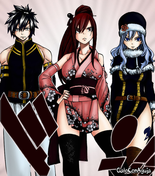 ashton-neechan908:  I love; Erza’s and Juvia’s outfits  How the person left out Laxus and Gajeel… -.-  How Gray and Juvia match ERZAS LEGGINGS.  AND MY GOSH. Is it just me or does erza’s boobs look bigger than usual? They’re like.. taking