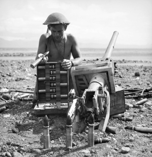 kruegerwaffen:An Australian Army soldier inspects an abandoned Japanese gun and shells following the