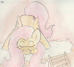 slightlyshade:  That’s an odd sleeping posture! Also, this was a halfway finished postcard for a friend.  xD Just what kind of dreams are you having, Flutters~? &lt;3