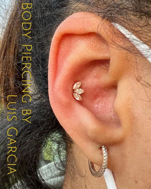 Fresh conch with the gorgeous 3 stone marquise fan from @anatometalinc #12ozstudios #piercing #conch