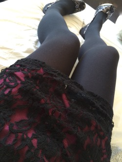 plikespanties:Legs!SOOooo I have been getting asked for pictures of my legs &amp; thighs, this last week or so………So here they are! In black opaque lace-topped stockings, under a lacy dress &amp; satin mini slip &amp; with heels of course!Like?