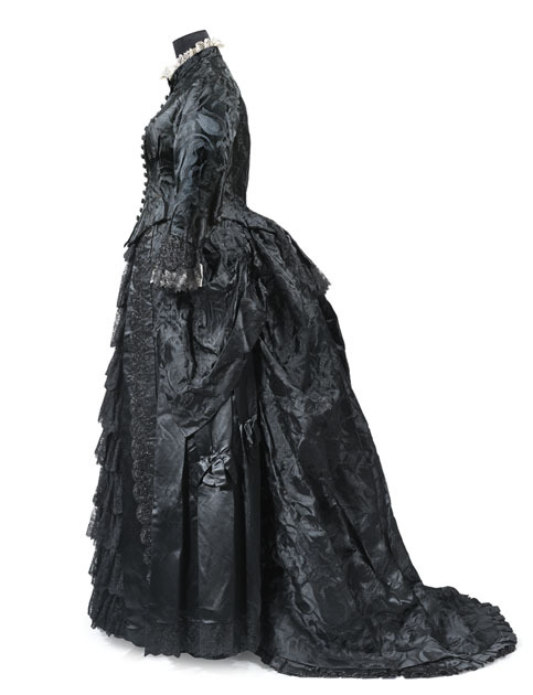 history-of-fashion:ab. 1874 Mourning dresssilk, cotton, glass(Glasgow Museums)I don’t think this is 
