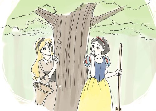 confexionery: Artist: Jaroo (@Jarujaroo) Artist caption: “This is a little out of the blue but I thought of this during work…Aurora and Snow White meeting in the forest (super retcon!) They were drawn to each other by their singing One of them’s