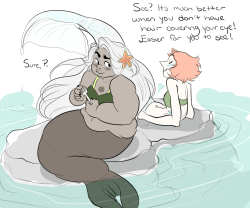 pearlsnose:  I made a mermaid au.. I’m going to be drawing all the gems, but P and Ame were on the brain today!! Amethyst is super interested in human junk that falls into the ocean, so her and Pearl chill and look at it all during low tides. In addition,