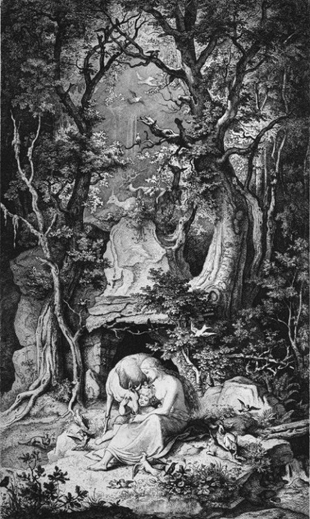 funeral-wreaths:  The forest in German Romanticism  Moritz von Schwind, The Apparition in the Forest, 1823Ludwig Richter, St Genoveva in the Forest, 1847-48Carl Wilhelm Kolbe, Fantastical Tree, 1830, and Lovers in a Grotto, 1830-35  