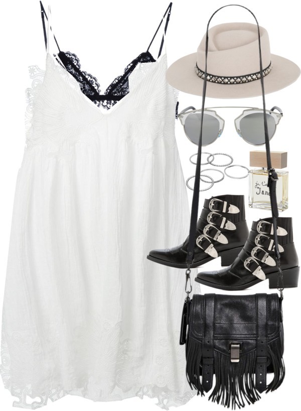 Outfit for a festival in summer by ferned featuring a felt hat
Chloé white sleeveless dress, 4 490 AUD / Isabel Marant lacy lingerie, 130 AUD / Toga black bootie, 720 AUD / Proenza Schouler handbags shoulder bag, 1 555 AUD / Apt 9 apt 9 jewelry, 13...