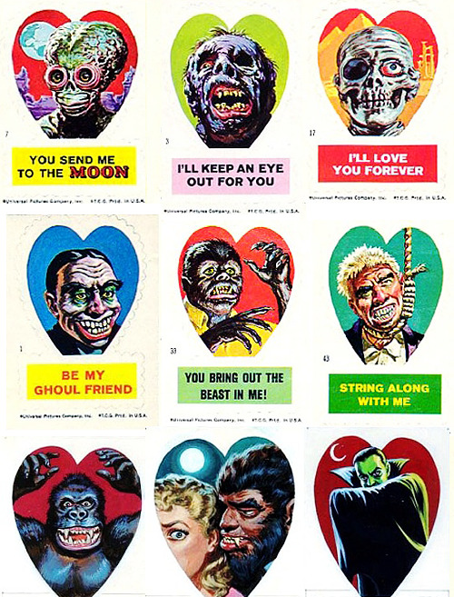 Vintage Valentines: Universal Horror Valentine stickers by Norman Saunders, 1966 (via)