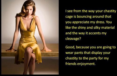 I see from the way your chastity cage is bouncing around that you appreciate my dress. You like the shiny and silky material and the way it accents my cleavage?  Good, because you are going to wear pants that display your chastity to the party for my