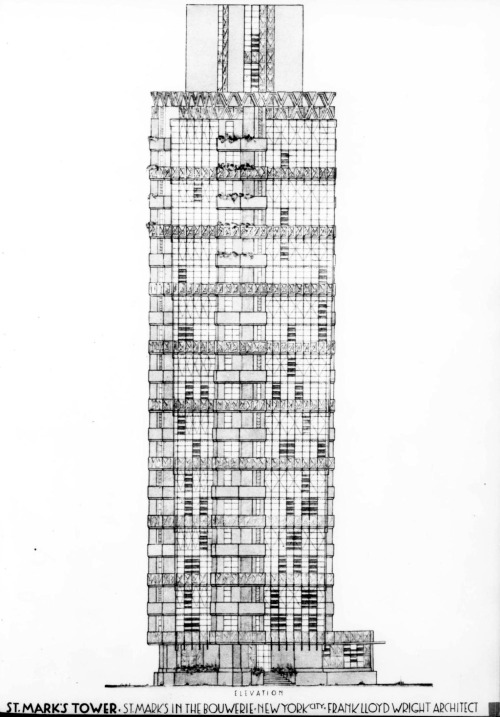 Elevation for Wright’s proposed St. Mark’s Tower, New York City