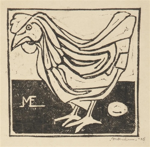 Hen With Egg  -   M.C. Escher c. 1916Dutch,1898-1972Linoleum cut. Print ,  8 ¾ x 6 ¼ i