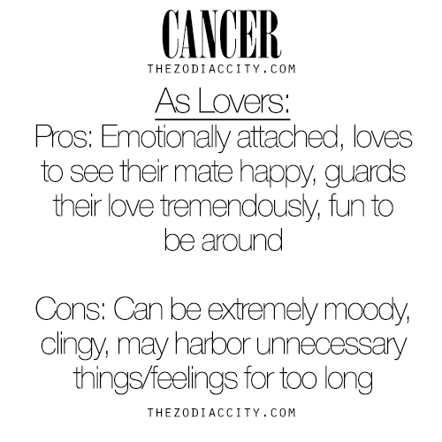 zodiaccity:  Cancer as lovers, pros and cons. For more information on the zodiac