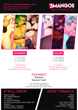 Feel free to run your idea by me before submitting a form! Or at least be flexible with your commission requests! I can be picky with what I draw!You may submit more than one form for multiple chances at getting a slot!&gt; COMMISSION FORM &lt;