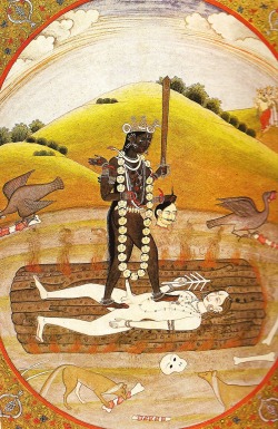 Kali standing over Shiva, miniature c.1800
