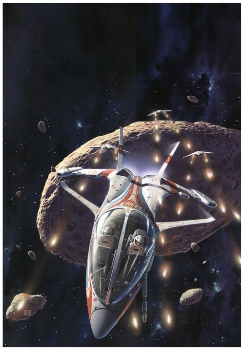 manyworldspress:Peter Elson, cover illustration for Pirates of the Asteroids, by Isaac Asimov (New E