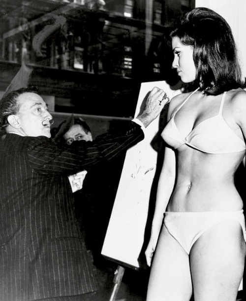 summers-in-hollywood: Salvador Dali sketching actress Raquel Welch,  1966