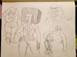 doodlebonez:  Still so very sick, but I was getting too bored of just laying on my bed so I drew more SU on a bigger sketchbook I bought and had never used. Here I drew Rose, Jasper, and Opal Here I drew Pearl, Sugilite, and Greg w/ little Steven 