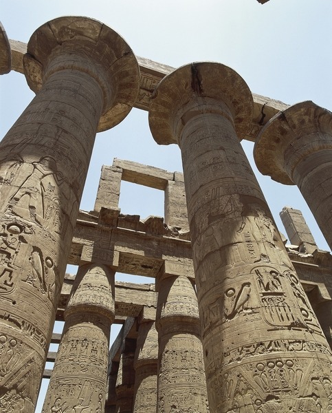 grandegyptianmuseum:Hieroglyphic carvingson pillars at the Temple of Amun-Re at Karnak.