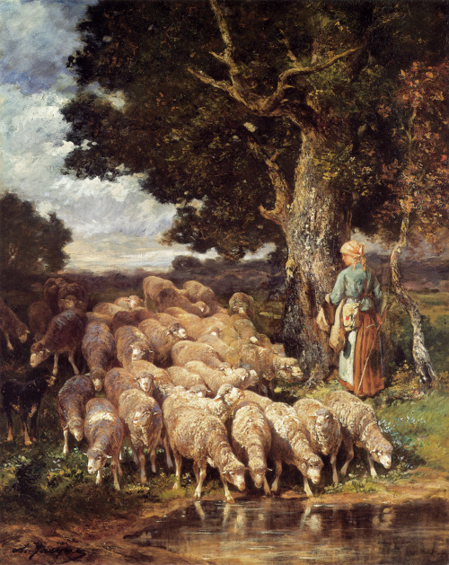 A Shepherdess with her Flock near a Stream by Charles-Émile Jacque