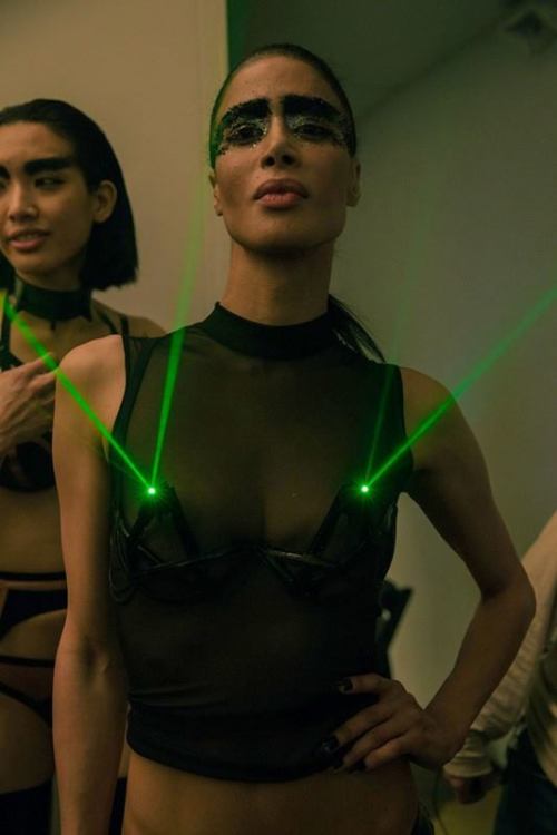 chromat:Gisele Xtravaganza in the Laser Bra backstage at the#Chromat AW15 MINDFILES Runway Show.Phot