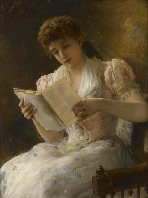 A portrait of a lady reading a book. William Oliver II (British, 1823-1901). Oil on canvas. Oli