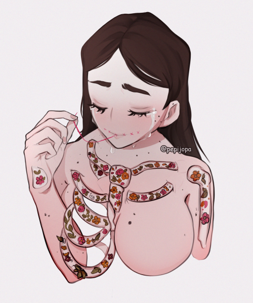 vent art // chronic pain prints / twitter / kofi / comms[ID: Illustration portrait of a girl with wh