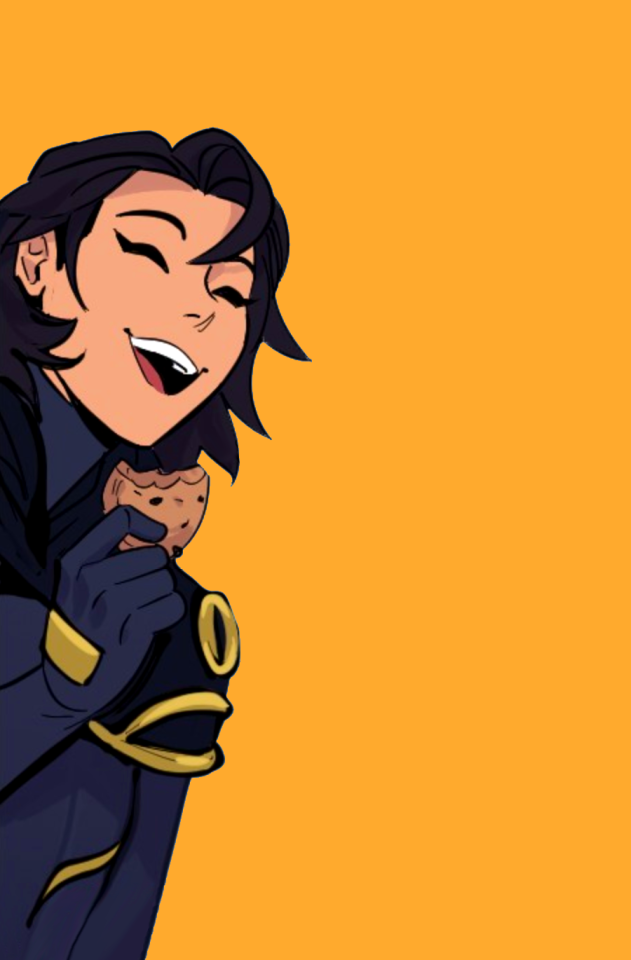 A close up of Cassandra Cain as Orphan against a yellow background. She's not wearing her hood so we can see her huge grin. She's holding a cookie.