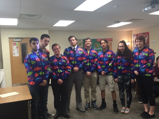 1squirtle:  heart:  the weirdest things honestly happen in my school like back in the spring, this guy in my grade randomly started selling these seafood restaurant jackets for ū and everyone started buying and wearing them to school. the administrators