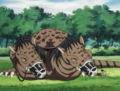 A-Un awakening and lifting up both their heads reveals the poor unconscious Jaken fallen to the ground