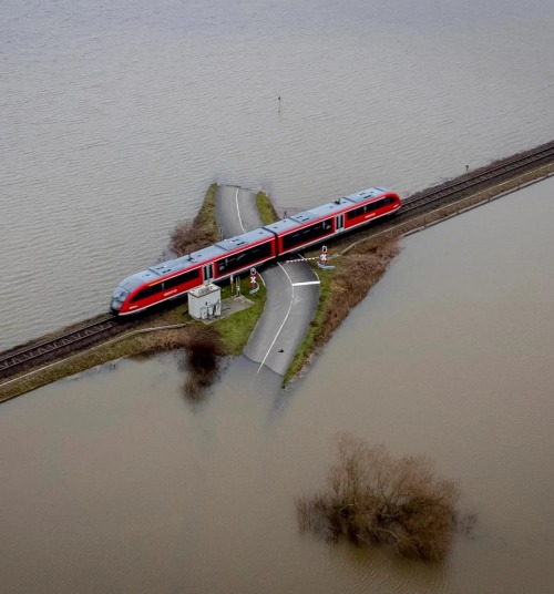cetaceous:  A Regional Train passes a Railroad Crossingbetween Flooded Fields, Nidderau-Eichen, Germanyimage credit: Michael Probst/AP via: The Guardian