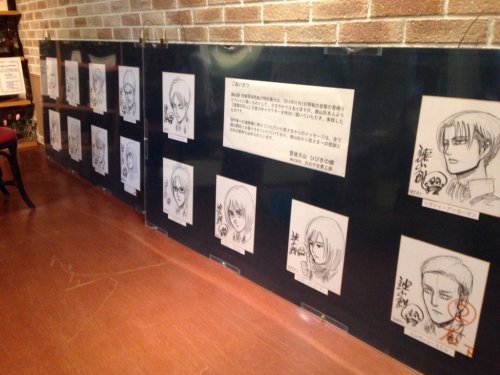 fuku-shuu:  Another look at the full set of original character sketches Isayama Hajime created for the Hibiki no Sato in his hometown of Oyama, this time accompanied by SnK cosplayers! Featuring the 104th + Erwin, Levi, and Hanji! ETA: Added close-ups