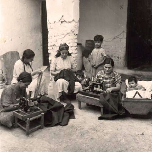 Women Of The Casablanca Jewish Community Sewing While Taking Care Of Children. Morocco, 1953.