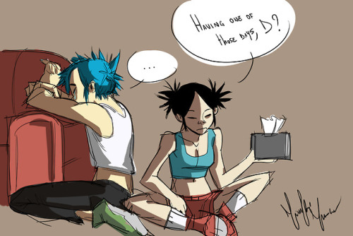 trionfetti:  “We’re better off without him”“I know…”“Then why are you crying?”“I miss him.”_We’ve learned 2D actually misses Murdoc, so i like to imagine Noodle comforting him while he has those breakdowns.