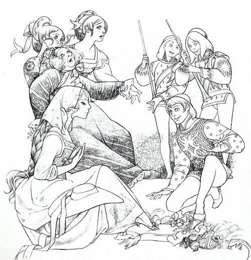 Making Cinderella sit down, he knelt to place the glass slipper on her foot.An illustration for Cind