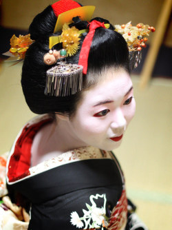 geisha-licious:  NEWS: Tomitsuyu debuted today as a maiko in Gion Higashi!!! Congratulations! Her onesan - geiko Tsunekazu and maiko Tomitae helped with her attire on this special day. The formal black crested kimono is patterned with wisteria, waves,