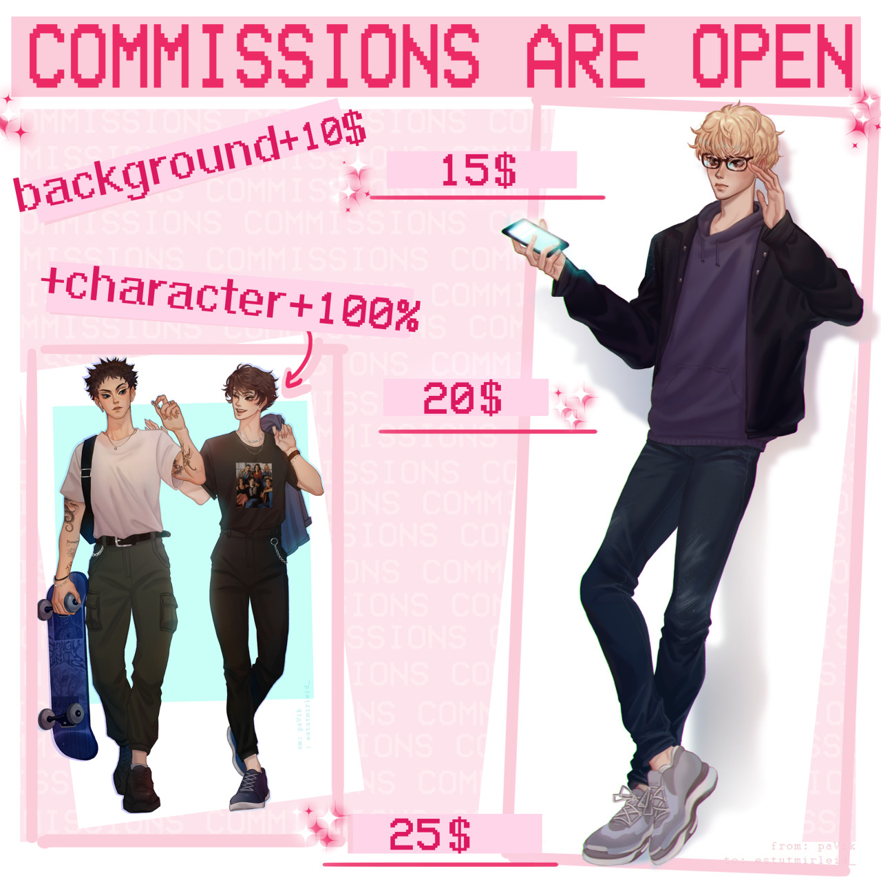 pavik-qwq:
“Hello everyone! I’m finally opening my commissions please text me if you want to support me