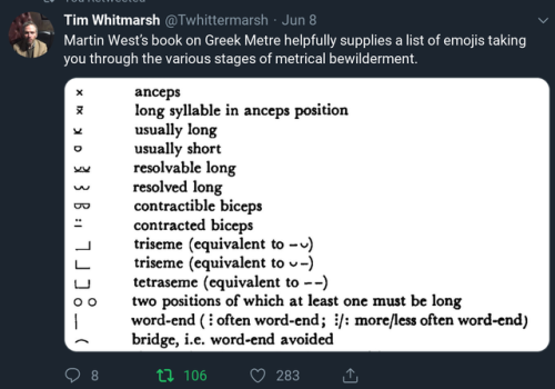 allthingslinguistic:Martin West’s book on Greek Metre helpfully supplies a list of emojis taking you