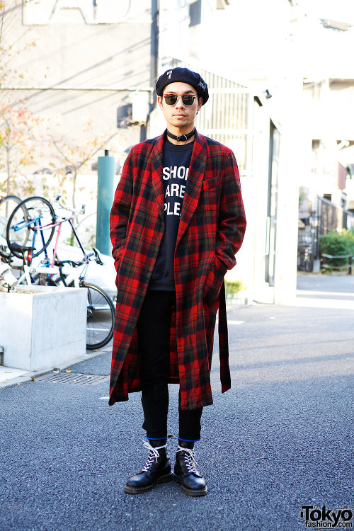 Kinji, the owner of the vintage shop Punk Cake Harajuku, on the street w/ tartan coat, Duran Duran b