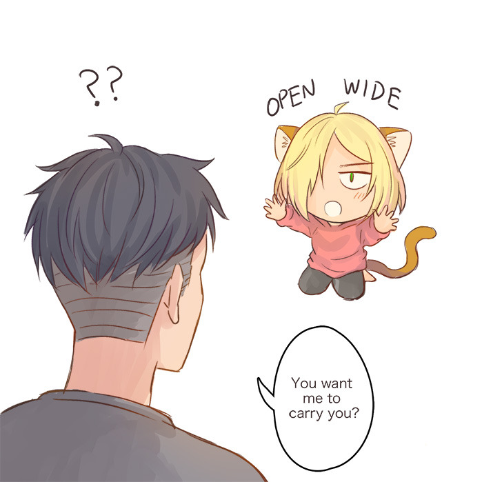 awen-ng: Drew something quick, where yurio cat wants to give a “little gift”