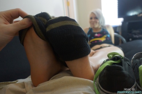 footpunkz:  Our lovely little model Hexie as I strip of her shoes and socks to show you tiny feet. Perfect wrinkled soles..amazing toespread..don’t miss it! full set - http://www.footpunkz.com