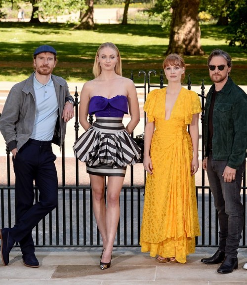 Michael Fassbender, Sophie Turner, Jessica Chastain, and James McAvoy at a photo call for X-Men