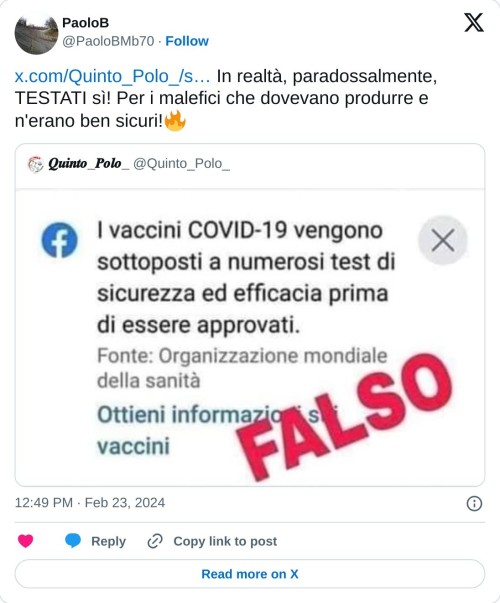 https://t.co/yIZhPCmIbb In realtà, paradossalmente, TESTATI sì! Per i malefici che dovevano produrre e n'erano ben sicuri!🔥  — PaoloB (@PaoloBMb70) February 23, 2024