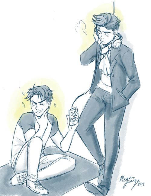 ainitsuite-agape:meganpaigeart:  JJ and Otabek commission for @ainitsuite-agape !! Thank you!! I thought once JJ finds out Otabek is a DJ, he might try to sell him on remixing Theme of King JJ~  Aaawwww babies! *w* Look at JJ, so smug and pleased with