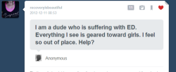 qkq:  That’s really hard. I know eating disorders and awareness around them tends to be geared toward females, a lot of people forget guys suffer too. I actually had a male friend who suffered from anorexia for a while. I do have some posts about males