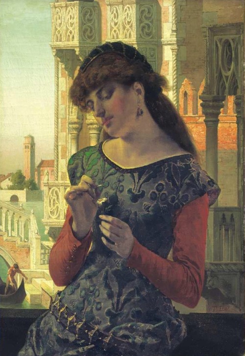 Giovane donna sul balcone a Venezia.Oil on Canvas.90 x 67 cm. (35.43 x 26.37 in.)Private collection.