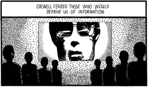 athenadark:  rightspecs:  harperperennial:  kateoplis:  Huxley vs. Orwell  Oh crap.  this this this this this  Even more terrifying - Orwell is lauded as a genius for his work, Huxley is considered a drug addict. 